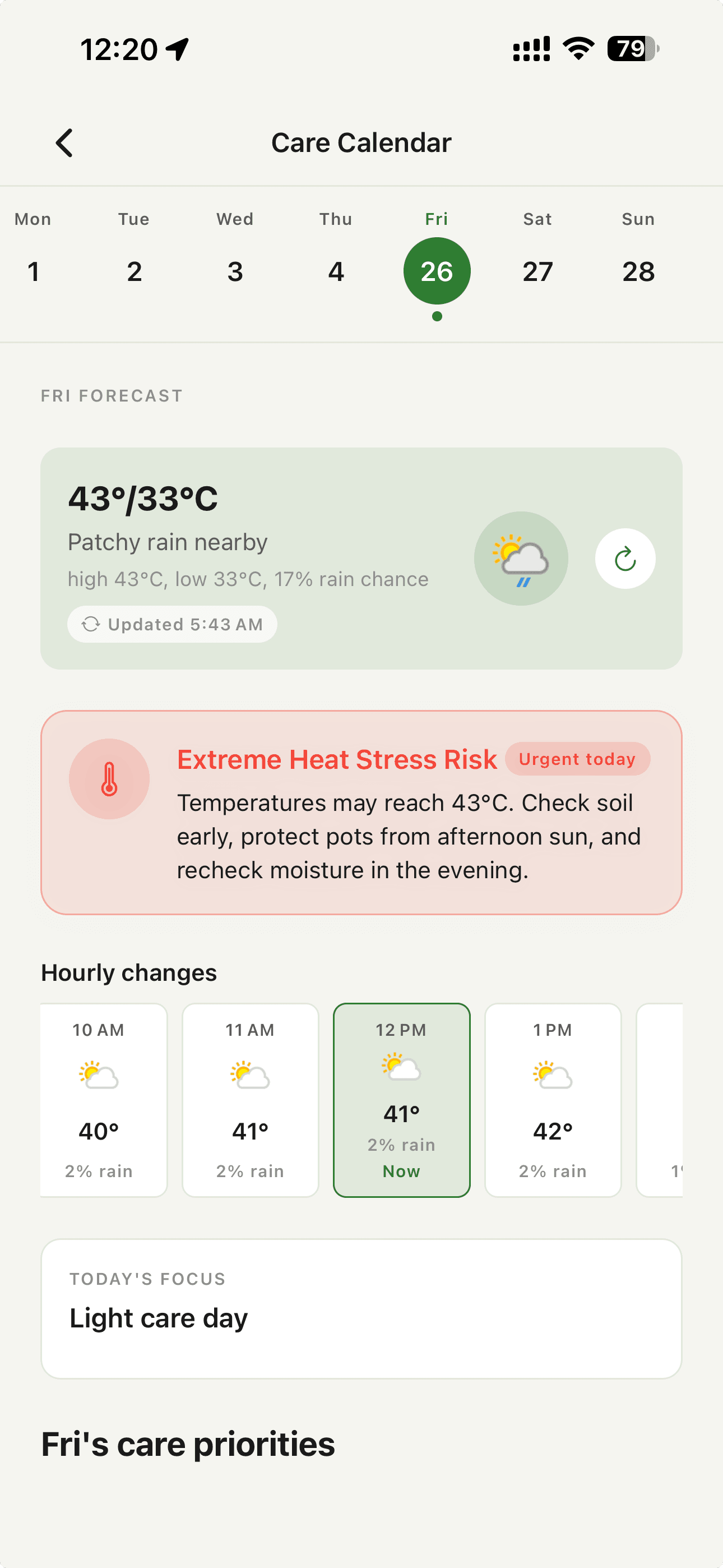 PlantPeepal — weather-aware care calendar screen